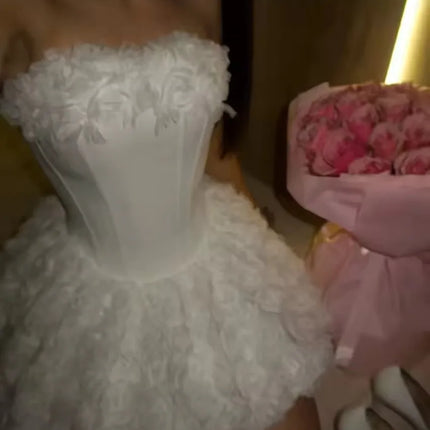Strapless 3D Flower Mini Wedding Dress — Bubble Skirt, Custom & Plus Sizes