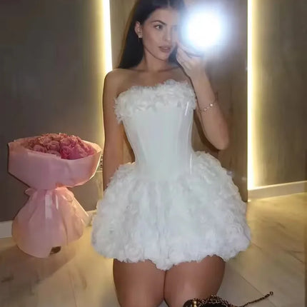 Strapless 3D Flower Mini Wedding Dress — Bubble Skirt, Custom & Plus Sizes
