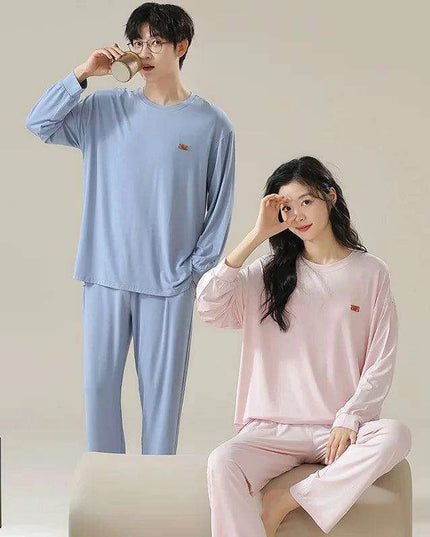 Chic Spring 2024 Modal Couples Pajama Set - Long Sleeve Loungewear with Cozy Round Neck