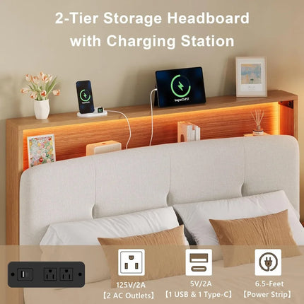 Floating Queen Bed Frame w/ LED Lights & Charging Station, Wood Platform, No Box Spring Needed, Walnut floating-queen-bed-frame-w-led-lights-charging-station-wood-platform-no-box-spring-needed-walnut-1