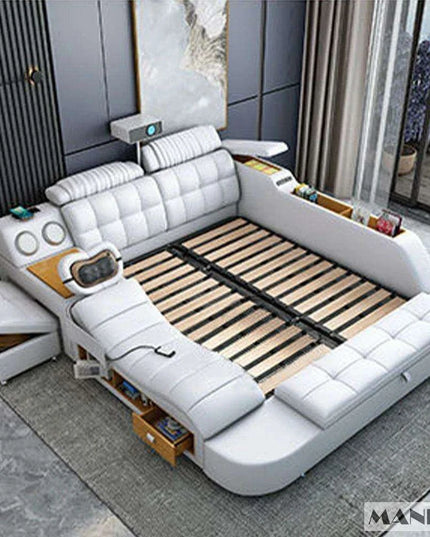 Elegant Tech-Enhanced King-Size Leather Bed with Massage and Multimedia Features