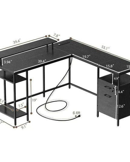 Modern Black L-Shaped Office Desk with Integrated Power Outlets