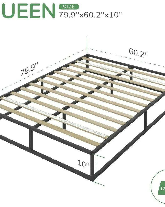 Sophisticated Black Metal Queen Platform Bed Frame with Wood Slats - Quiet and Easy to Assemble