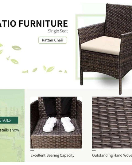 Brown and Beige Lightweight 3-Piece Rattan Outdoor Seating Set with Cushions