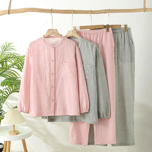 Cozy Cotton Pajama Set for Men and Women - Long Sleeve Top and Trousers, Comfortable Home Wear in Solid Colors