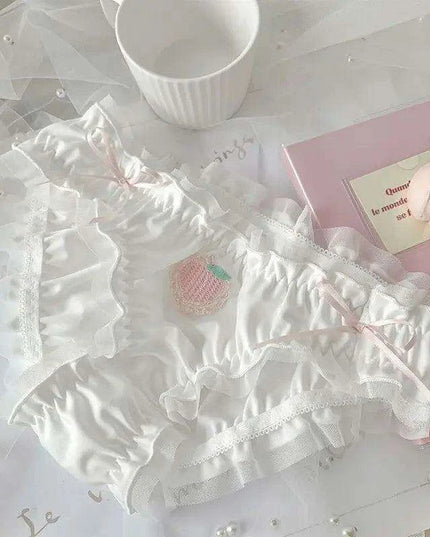 Adorable Kawaii Strawberry Satin Briefs with Ruffle Flounces for Women