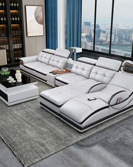 Elegant Italian Leather Bluetooth Sofa Set with Massage Features, Integrated Speaker, Projector, USB Charging Ports, and Convenient Cup Holder - Contemporary Comfort Solution