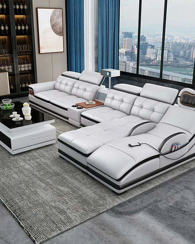 Elegant Italian Leather Bluetooth Sofa Set with Massage Features, Integrated Speaker, Projector, USB Charging Ports, and Convenient Cup Holder - Contemporary Comfort Solution