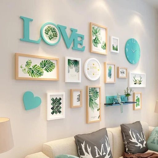 Nordic-Inspired Wall Art Set with Green Plants, Clocks, and Decorative Shelf for Elegant Home Decor