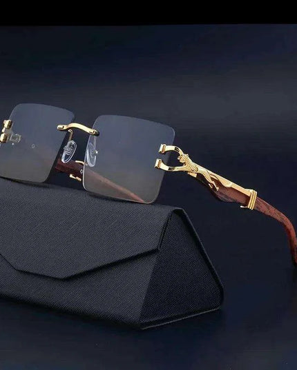 Retro Rimless Sunglasses with Wood Finish and UV Protection