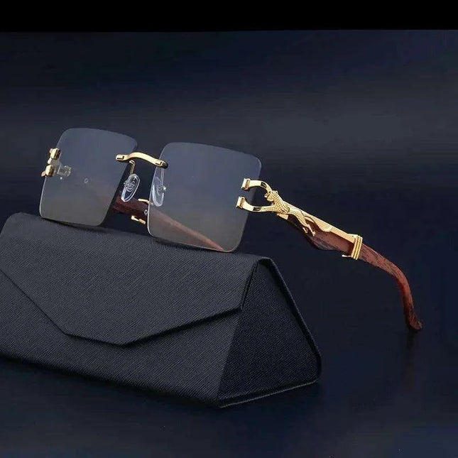 Retro Rimless Sunglasses with Wood Finish and UV Protection