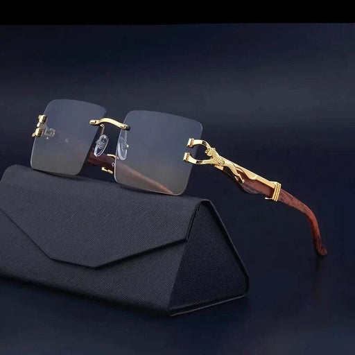 Retro Rimless Sunglasses with Wood Finish and UV Protection
