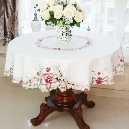Embroidered Lace Round Tablecloth — Pastoral Rose Gold Table Linen