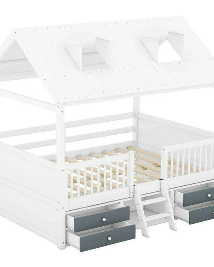 Enchanting Wooden Playhouse Bed with Skylights and Ample Storage