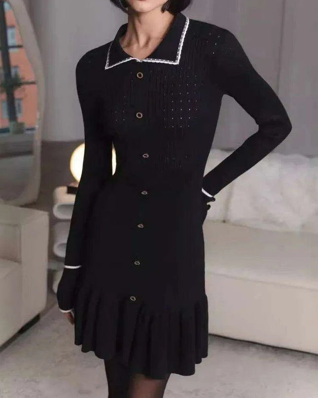 Autumn Elegance: Women's Long Sleeve Knit Dress with Lapel and Ruffled Hem by Mozision