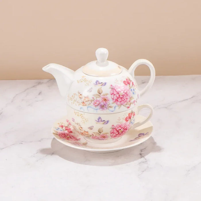 Porcelain Teapot Teacup Saucer Set - Shabby Chic Design