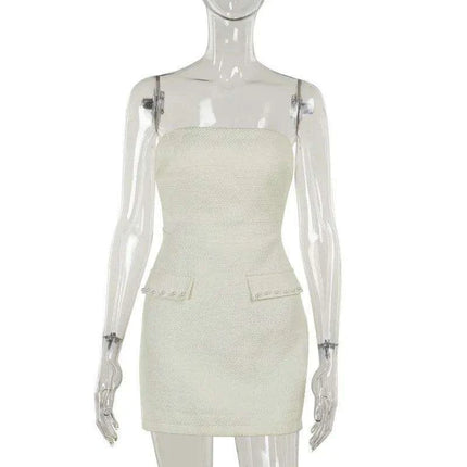 Chic Autumn Duo: Pearl-Embellished Long Sleeve Coat and Strapless Mini Dress Set