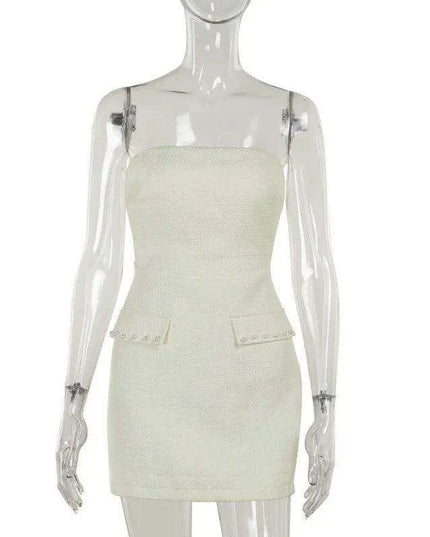 Chic Autumn Duo: Pearl-Embellished Long Sleeve Coat and Strapless Mini Dress Set