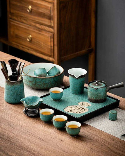 Elegant Vintage Chinese Kung Fu Tea Set with Side Handle Teacups and Tray
