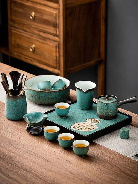 Elegant Vintage Chinese Kung Fu Tea Set with Side Handle Teacups and Tray
