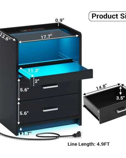 LED Smart Nightstand with Charging Station and Pull-out Tray - Modern Design with 2 Drawers