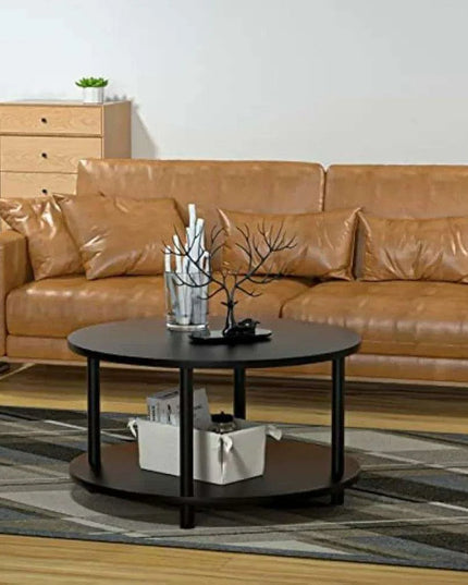 Sleek Round Black Wood Coffee Table with Multi-Level Storage - Durable Metal Legs for Home and Office