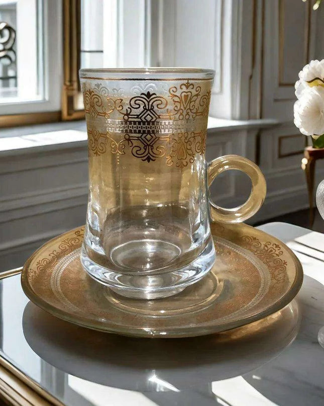 Elegant Bronzed Glass Turkish Coffee Set with Stylish Saucers