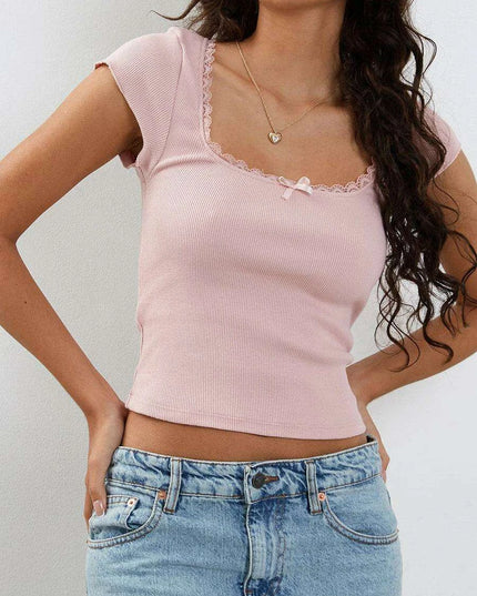 Elegant Lace Bow Square Neck Summer Top - A Fashion Must-Have