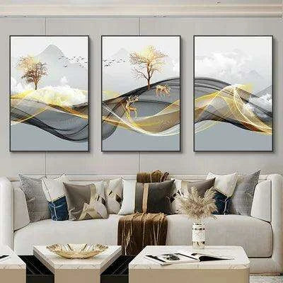 Nordic Elegance: Golden Deer Abstract Landscape 3-Piece Canvas Art Set with Customizable Borders for Luxury Home Decor