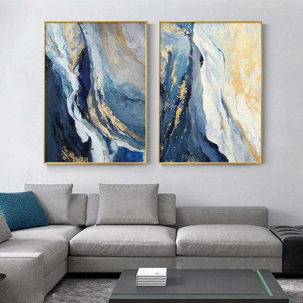 Tranquil Harmony: Blue and Gold Abstract Canvas Art Prints - Stylish Home Decor Piece