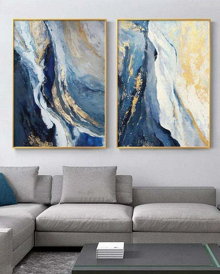 Tranquil Harmony: Blue and Gold Abstract Canvas Art Prints - Stylish Home Decor Piece