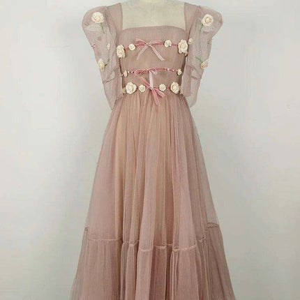 3D Floral Puff Sleeve Dress with Square Neck