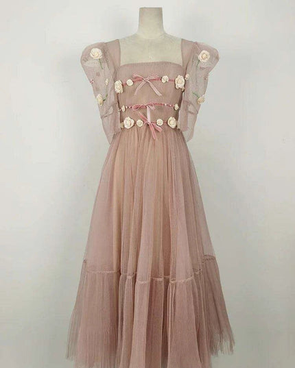 3D Floral Puff Sleeve Dress with Square Neck