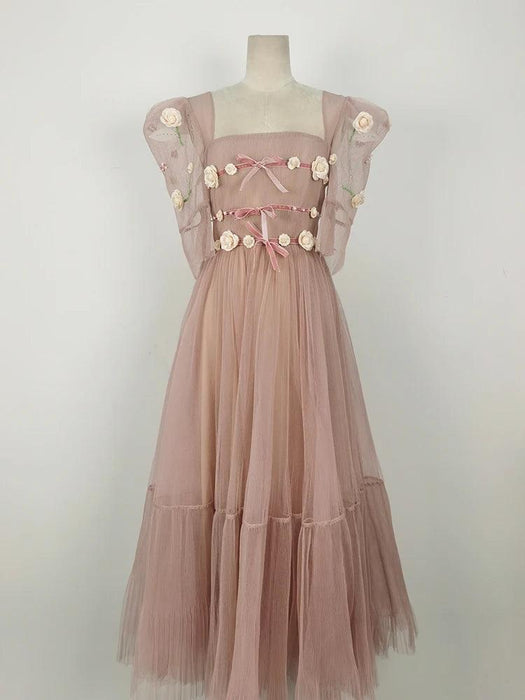 3D Floral Puff Sleeve Dress with Square Neck