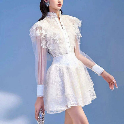 Elegant Pearl Flower Lace High Waist Mesh Dress with Stand Collar for Women