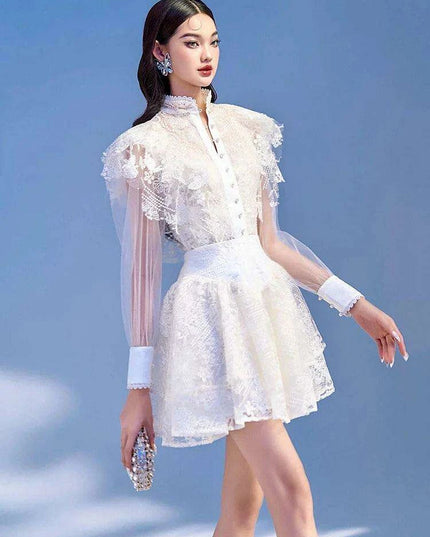 Elegant Pearl Flower Lace High Waist Mesh Dress with Stand Collar for Women