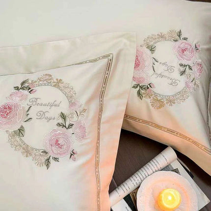 Luxurious 1000TC Egyptian Cotton Floral Embroidered Bedding Set - Cream, Pink, and Green Duvet Cover, Sheet, and Pillowcases
