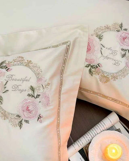 Luxurious 1000TC Egyptian Cotton Floral Embroidered Bedding Set - Cream, Pink, and Green Duvet Cover, Sheet, and Pillowcases