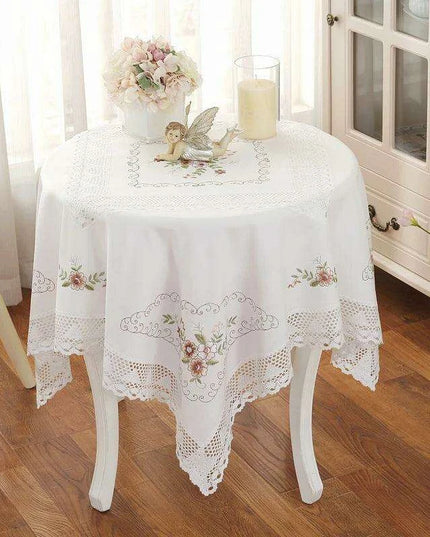 Elegant Floral Lace Trimmed White Cotton Tablecloth for Dining and Coffee Tables - European Pastoral Design