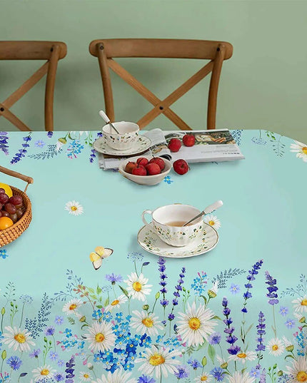 Spring Blue Daisy Butterfly Design Waterproof Rectangle Tablecloth for Holiday Party and Kitchen Decor