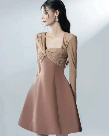 Asymmetrical Patchwork Long Sleeve Square Neck Dress for Women