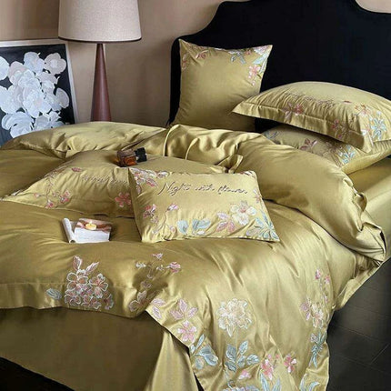 Luxurious 1000TC Egyptian Cotton Floral Embroidery Bedding Set with Sheets & Pillowcases - Available in Full, Queen, King Sizes