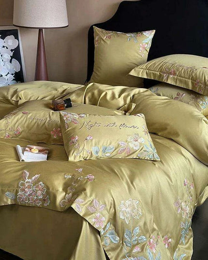 Luxurious 1000TC Egyptian Cotton Floral Embroidery Bedding Set with Sheets & Pillowcases - Available in Full, Queen, King Sizes