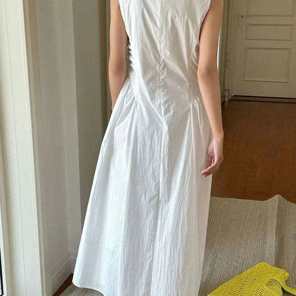 Chic White Pleated Plus Size Maxi Dress for Women - Sleeveless Round Neck Style