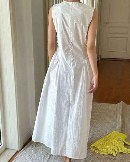 Chic White Pleated Plus Size Maxi Dress for Women - Sleeveless Round Neck Style