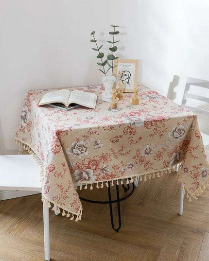 Chic Vintage Floral Cotton Linen Table Runner with Elegant Tassels