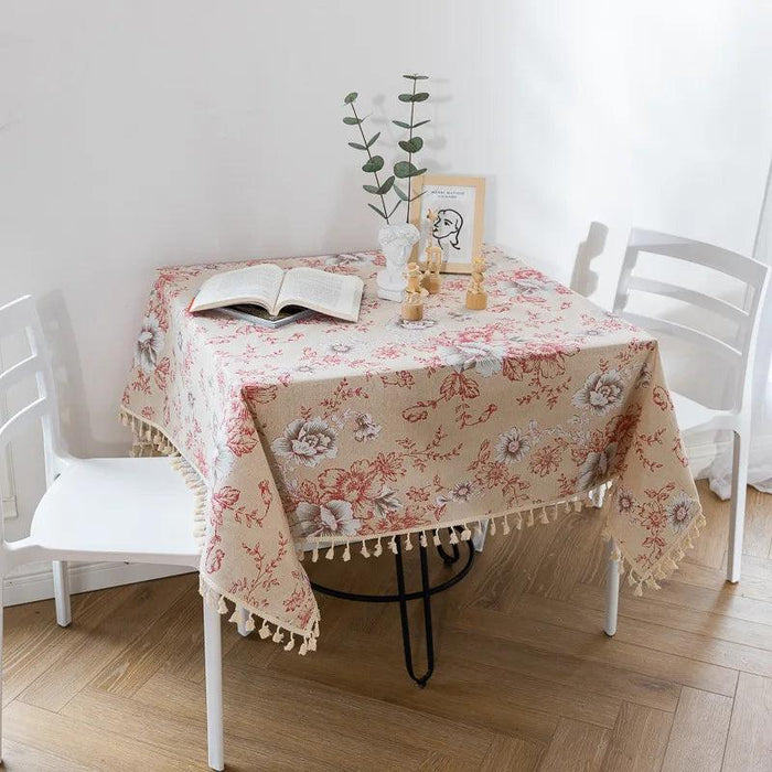 Chic Vintage Floral Cotton Linen Table Runner with Elegant Tassels