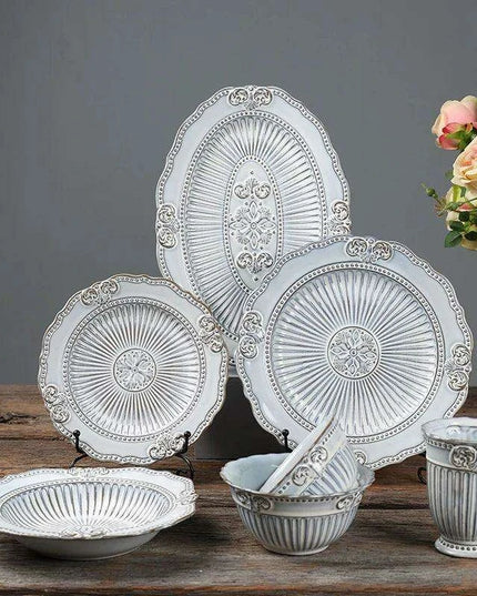 Vintage Baroque Embossed Ceramic Plate Collection - Set of 4 for Elegant Dining