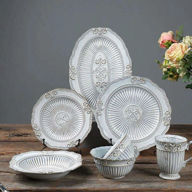 Vintage Baroque Embossed Ceramic Plate Collection - Set of 4 for Elegant Dining