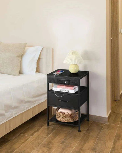 Modern Black Nightstand Set with USB Charging and Power Outlets - 2 Piece